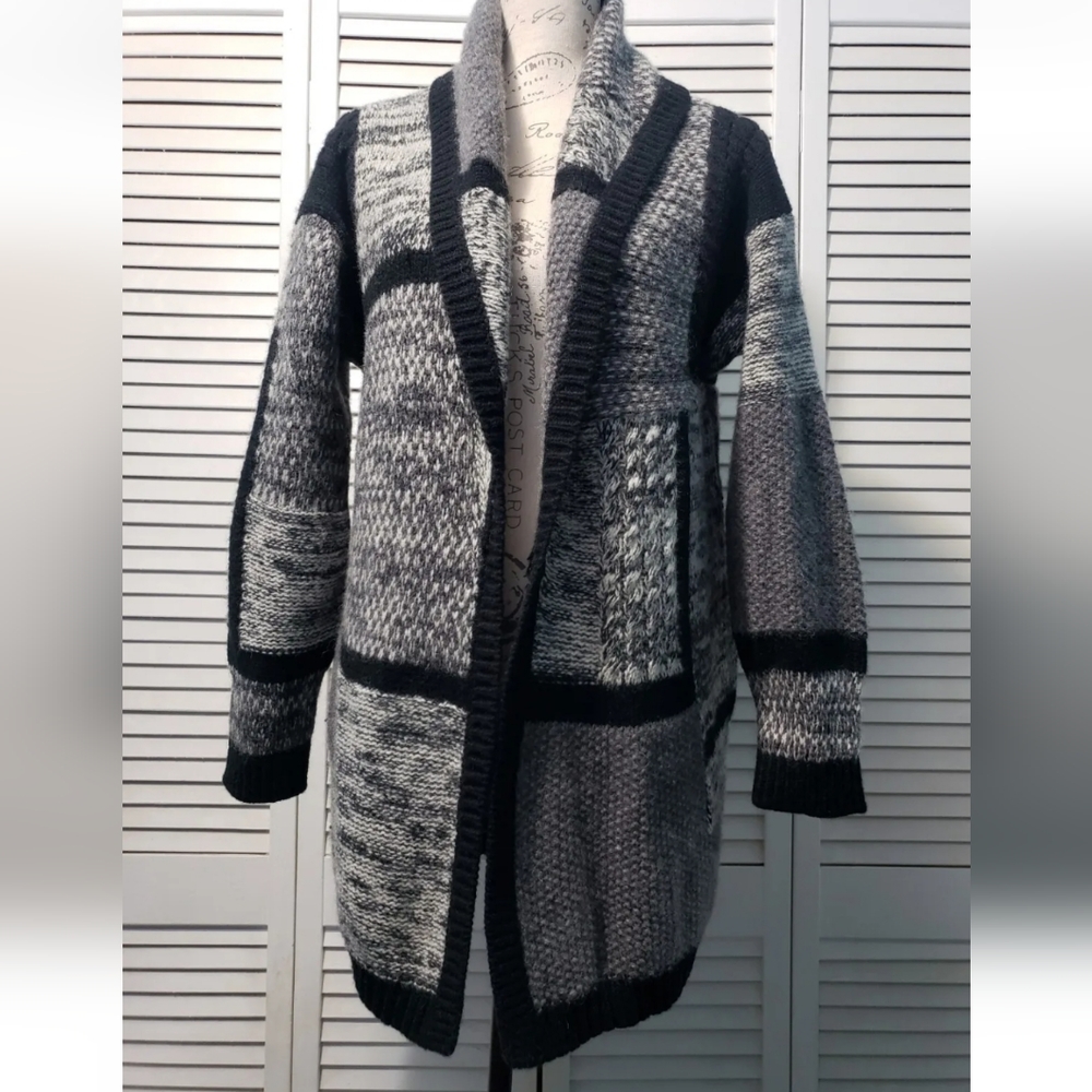 J.Jill Cardigan Womens Small Gray Patchwork Wool Blend Open Shawl Collar Sweater